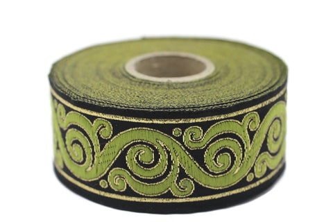 35 mm Green&Black Celtic Snail Jacquard Ribbon Trim (1.37 inches), Woven Border, Upholstery Fabric, Drapery Ribbon Trim Costume Design 35221