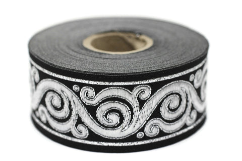 35 mm Silver&Black Celtic Snail Jacquard Ribbon Trim (1.37 inch), Woven Border, Upholstery Fabric, Drapery Ribbon Trim Costume Design 35221