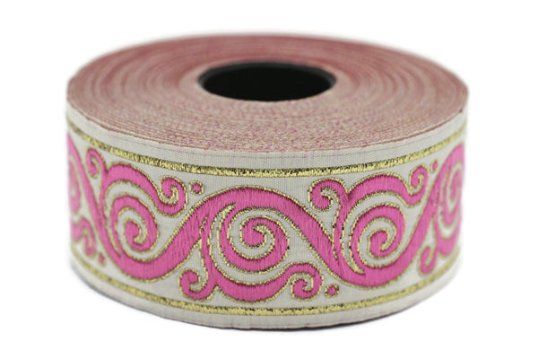 35 mm Pink&White Celtic Snail Jacquard Ribbon Trim (1.37 inches), Woven Border, Upholstery Fabric, Drapery Ribbon Trim Costume Design 35221