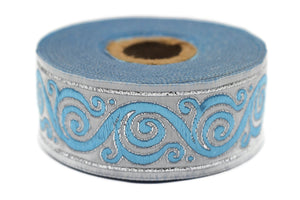 35 mm Blue&White Celtic Snail Jacquard Ribbon Trim (1.37 inches), Woven Border, Upholstery Fabric, Drapery Ribbon Trim Costume Design 35221