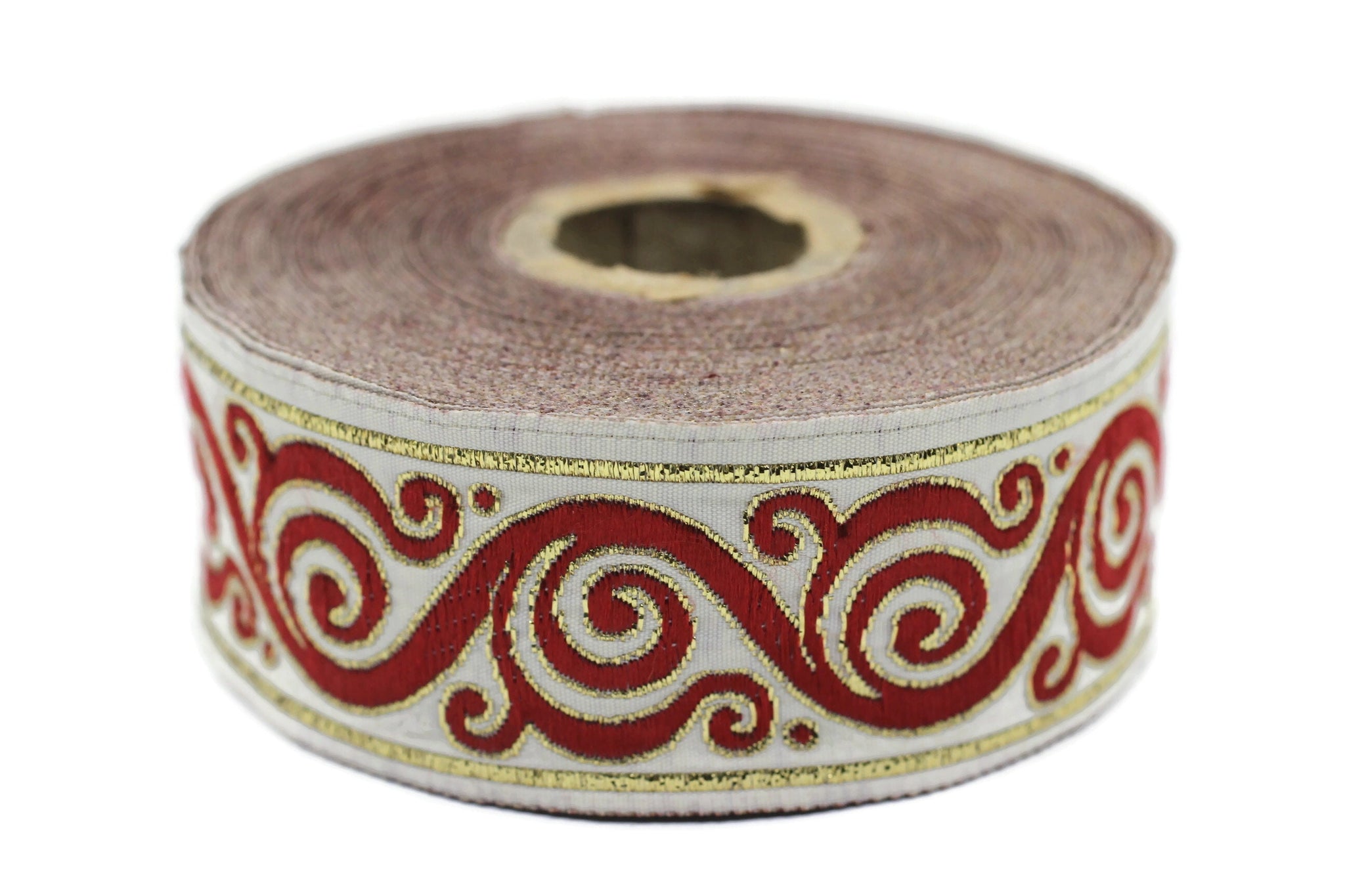 35 mm Red&White Celtic Snail Jacquard Ribbon Trim (1.37 inches), Woven Border, Upholstery Fabric, Drapery Ribbon Trim Costume Design 35221