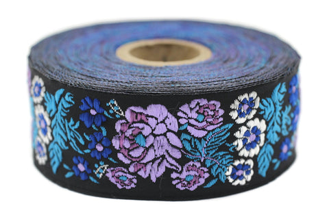 35 mm Lilac/Black Floral Embroidered ribbon (1.37 inches, Vintage Jacquard, Floral ribbon, Sewing trim,Jacquard trim, Jacquard ribbon, 35097