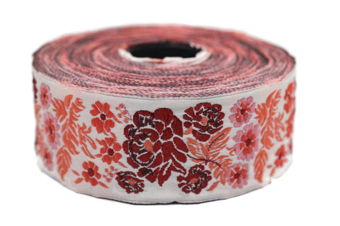 35 mm Red Floral Embroidered ribbon (1.37 inches), Vintage Jacquard, Floral ribbon, Sewing trim, Jacquard trim, Jacquard ribbon, 35097