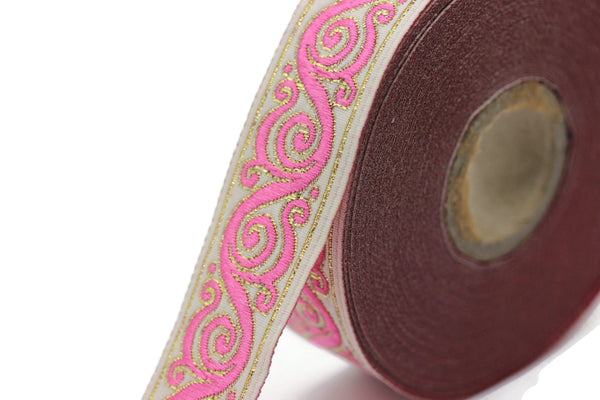 22 mm Pink&White Celtic Snail Jacquard Ribbon Trim (0.86 inches), Woven Border, Upholstery Fabric, Drapery Ribbon Trim Costume Design 22221