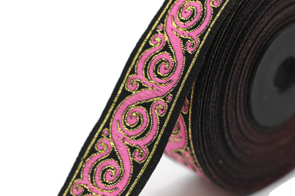 22 mm Pink&Black Celtic Snail Jacquard Ribbon Trim (0.86 inches),Woven Border, Upholstery Fabric, Drapery Ribbon Trim Costume Design 22221