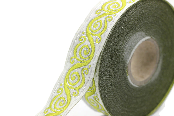 22 mm Green&White Celtic Snail Jacquard Ribbon Trim (0.86 inches),Woven Border, Upholstery Fabric, Drapery Ribbon Trim Costume Design 22221