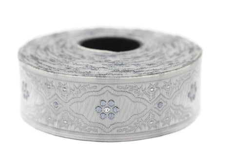 25 mm Andalusia White&Grey Jacquard ribbon, (0.98 inches), trim by the yard, Embroidered ribbon, Sewing trim, Scroll Jacquard trim, 25800