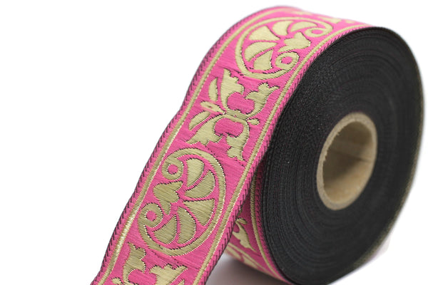35mm Palm Trees Pink and Gold Jacquard Ribbon 1.37 inch | Embroidered Bordure Fabric Tapestry for Embellishment Craft Home Decor 35058