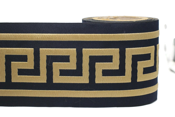 100mm Dark Blue&Gold Greek Key Ribbons (3.93 inch), Meander Jacquard Trim, Drapery Trim Tape, Curtain Making Upholstery Fabric 197 V7