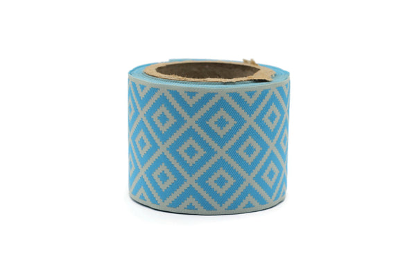 100mm Blue&Gray Mosaic Ribbon for Drapery Banding (3.93 inch), Jacquard Trim, Drapery Banding Tape, Curtain Making Fabric Drape 194 V5