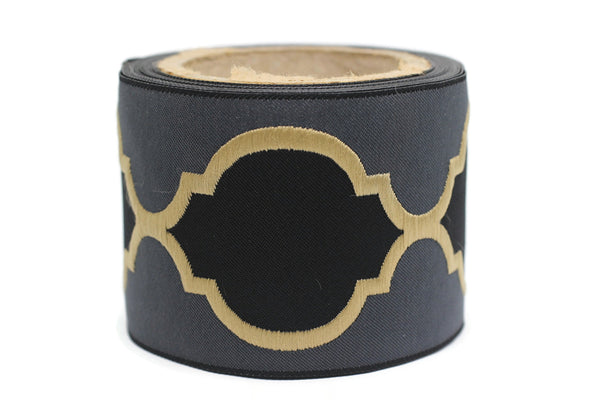 68 mm Gold - Black Jacquard Ribbons (2.67 inch), Banding for your Drapery, Upholstery, Pillows, Home Decor, Drapery Trim Tape 186 V7