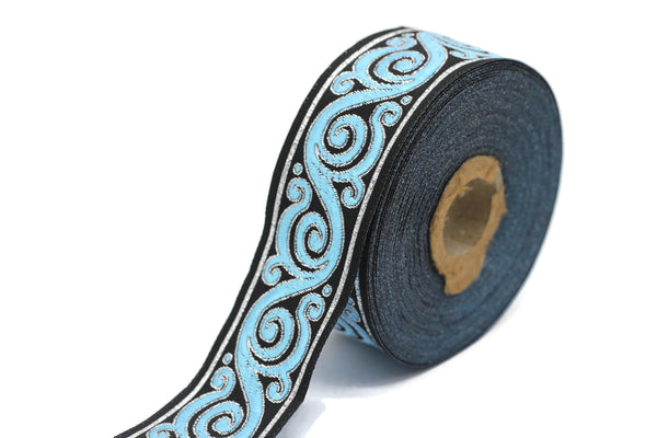 35 mm Blue&Black Celtic Snail Jacquard trim (1.37 inches), Native American Jacquard trim, woven trim woven jacquard, jacquard ribbons, 35221