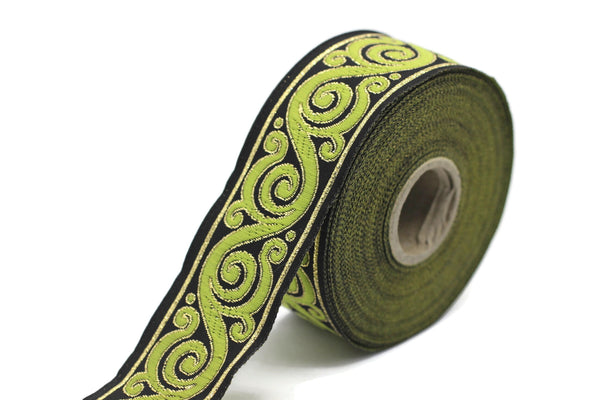 35 mm Green&Black Celtic Snail Jacquard Ribbon Trim (1.37 inches), Woven Border, Upholstery Fabric, Drapery Ribbon Trim Costume Design 35221