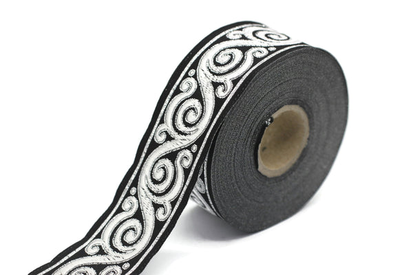 35 mm Silver&Black Celtic Snail Jacquard Ribbon Trim (1.37 inch), Woven Border, Upholstery Fabric, Drapery Ribbon Trim Costume Design 35221