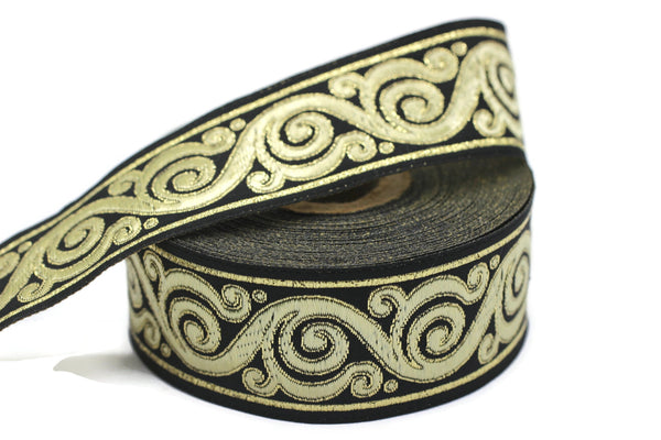 35 mm Yellow&Black Celtic Snail Jacquard Ribbon Trim (1.37 inches), Woven Border, Upholstery Fabric,Drapery Ribbon Trim Costume Design 35221