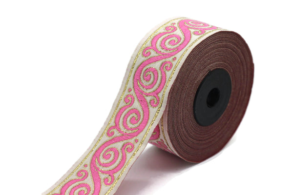 35 mm Pink&White Celtic Snail Jacquard Ribbon Trim (1.37 inches), Woven Border, Upholstery Fabric, Drapery Ribbon Trim Costume Design 35221