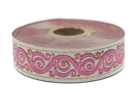 22 mm Pink&White Celtic Snail Jacquard Ribbon Trim (0.86 inches), Woven Border, Upholstery Fabric, Drapery Ribbon Trim Costume Design 22221