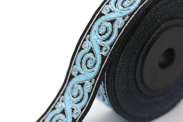 22 mm Blue&Black Celtic Snail Jacquard Ribbon Trim (0.86 inches),Woven Border, Upholstery Fabric, Drapery Ribbon Trim Costume Design 22221