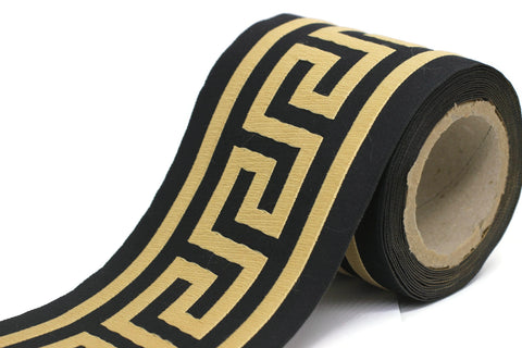 100mm Black&Gold Greek Key Ribbons (3.93 inch), Meander Jacquard Trim, Drapery Trim Tape, Curtain Making Upholstery Fabric 197 V8