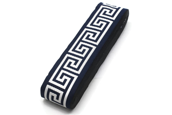 2.7" Navy Blue Greek Key Jacquard Ribbon for Drapes, 16 Yards in one Continuous Trim, Curtains, Drapery Banding, Drapery Trim Tape V10 176