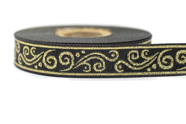 16 mm metallic Black/Gold jacquard ribbons 0.62 inches, Renaissance  embroidered trim,  woven trim, Jacquard trim, metallic ribbon, 16078