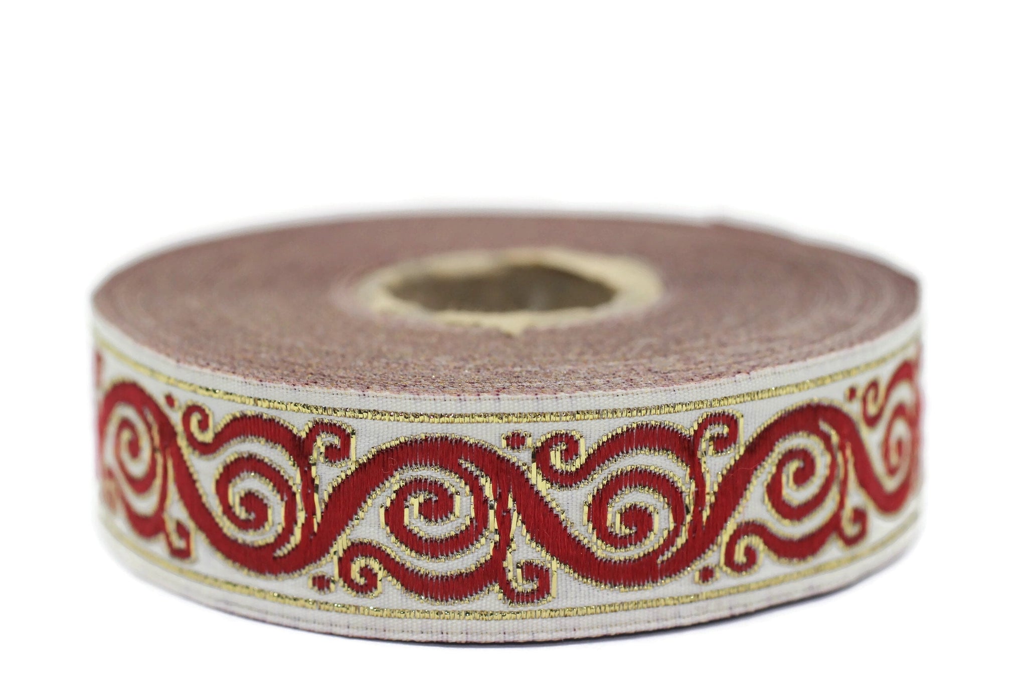 22 mm Red&White Celtic Snail Jacquard Ribbon Trim (0.86 inches), Woven Border, Upholstery Fabric, Drapery Ribbon Trim Costume Design 22221