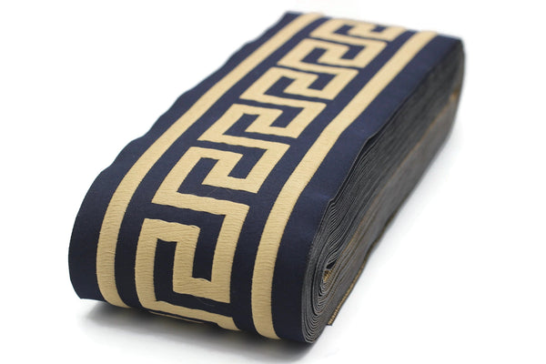 16.4 Yrd 100mm Dark Blue&Gold Greek Key Ribbons (3.93 inc, Meander Jacquard Trim, Drapery Trim Tape, Curtain Making Upholstery Fabric 197 V7
