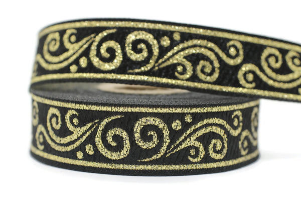 22 mm metallic Black/Golden jacquard ribbons 0.86 inches, Renaissance  embroidered trim,  woven trim, jacquard trim, 22078