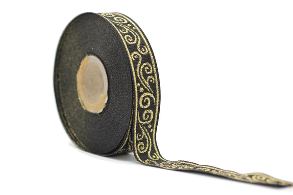 16 mm metallic Black/Gold jacquard ribbons 0.62 inches, Renaissance  embroidered trim,  woven trim, Jacquard trim, metallic ribbon, 16078