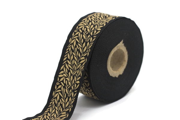 35mm Golden-Black Leaf Tendril 1.37 (inch) | Jacquard Trim | Leaf Tendril Ribbon | Jacquard Ribbon | Sewing Trim | 35mm Wide | 35270