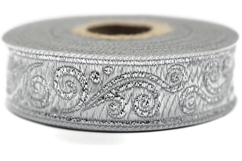 22 mm metallic Silver jacquard ribbons 0.86 inches - Renaissance  embroidered trim,  woven trim, woven border, 22078