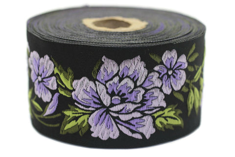 50 mm Lilac / Black Floral Jacquard trim (1.96 inches), vintage Ribbon, Decorative Craft Ribbon, Floral Jacquard Ribbon, Trim, 50096