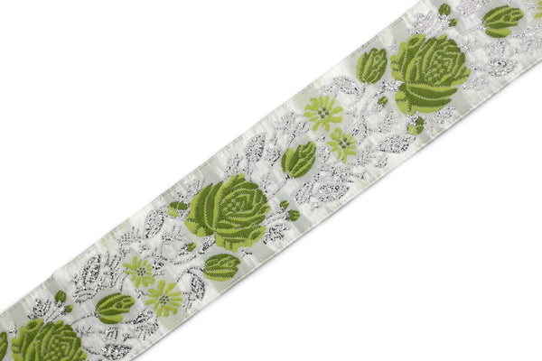 35 mm Green / White Floral Jacquard trim (1.37 inches), vintage Ribbon, Decorative Craft Ribbon, Floral Jacquard Ribbon Trim, 35089