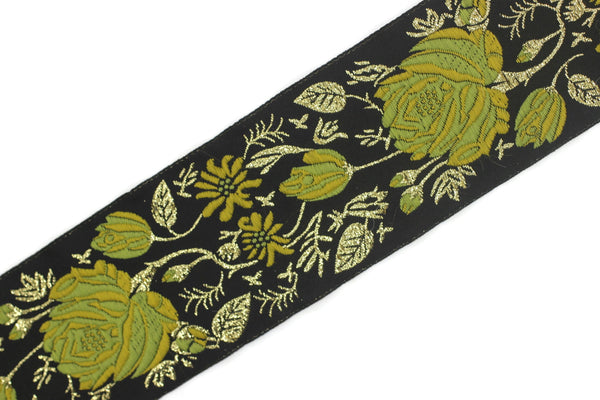 50 mm Yellow / Black Floral Jacquard trim (1.96 inches) rose embroried Ribbon, Decorative Craft Ribbon, Jacquard Ribbon Trim, 50089