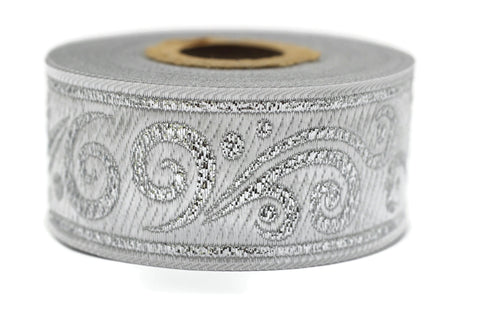 35 mm metallic Silver jacquard ribbons 1.37 inches, Renaissance  embroidered trim, jacquard trim, trimming, metallic ribbon, 35078