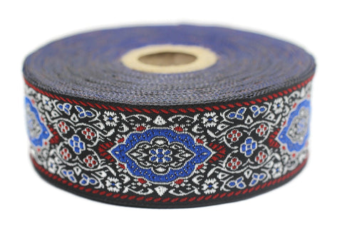Blue Medieval Motive Woven Border Jacquard Ribbon Trim (1.37 inches), 35 mm Upholstery Fabric Drapery Making Sewing Trim 35589