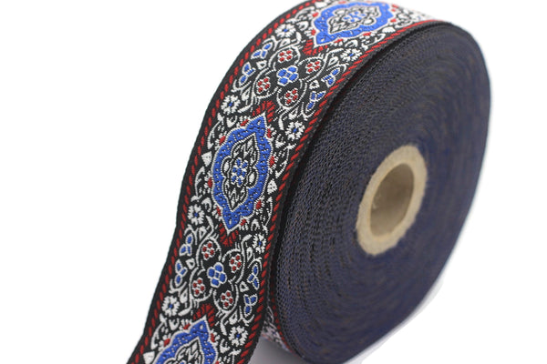 Blue Medieval Motive Woven Border Jacquard Ribbon Trim (1.37 inches), 35 mm Upholstery Fabric Drapery Making Sewing Trim 35589