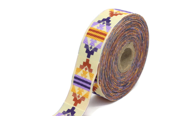 25 mm Purple&Orange Carpet Motive Ribbon (0.98 inches, Anatolian trim, jacquard trim, fabric wide trims, craft supplies, vintage trim, 25126