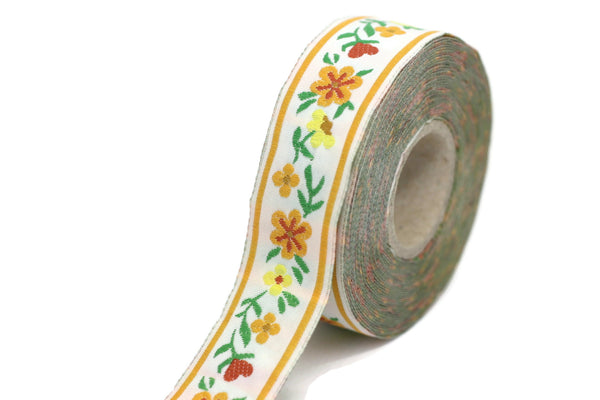 22 mm Orange/white Floral Jacquard ribbon (0.86 inches), woven ribbon, authentic ribbon, Sewing, Scroll Jacquard trim, ribbons, 22947