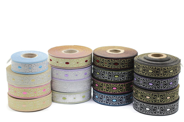 22 mm Pink/white authentic Jacquard ribbon (0.86 inches), woven ribbon, authentic ribbon, Sewing, Scroll Jacquard trim, 22805