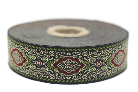 25 mm Light Green Medieval Motive Woven Border (0.98 inches), jacquard ribbon, Embroidered ribbon, Sewing trim, Scroll Jacquard trim, 25589