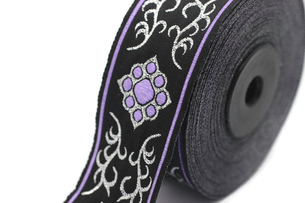 35 mm Cat Paw Lilac jacquard ribbons (1.37 inches), native american embroidered trim, woven trim, woven jacquards, woven border, 35806