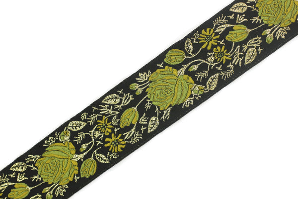 35 mm Yellow / Black Floral Jacquard trim (1.37 inches), Rose emboried Ribbon, Decorative Craft Ribbon, Jacquard Ribbon Trim, 35089