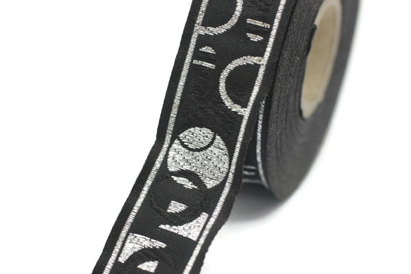 22 mm Circle metallic Black/Silver jacquard ribbons 0.86 inches - Renaissance  embroidered trim -  woven trim, woven border, 22076