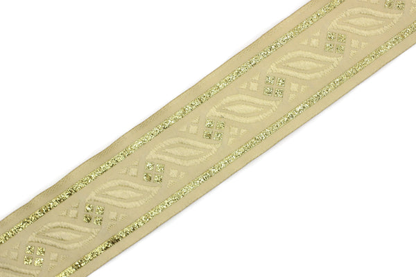 35 mm Cream Gold Leaf Tendril 1.37 (inch) | Jacquard Trim | Leaf Tendril Ribbon | Tendril Ribbon | Jacquard Ribbon | Woven Trim |