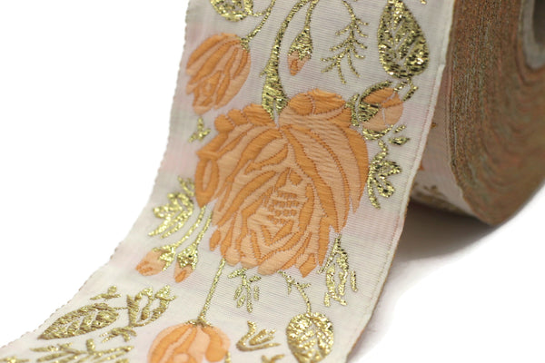 50 mm Orange / White Floral Jacquard trim (1.96 inches), rose embroried Ribbon, Decorative Craft Ribbon, Jacquard Ribbon Trim, 50089
