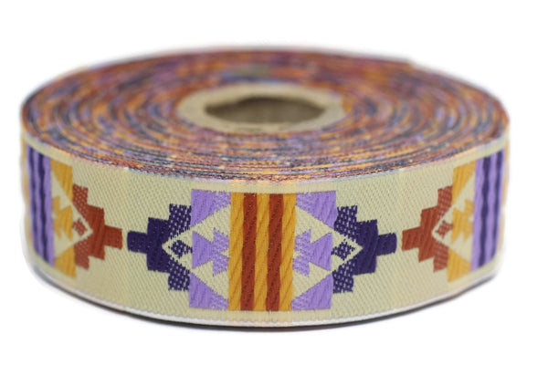 25 mm Purple&Orange Carpet Motive Ribbon (0.98 inches, Anatolian trim, jacquard trim, fabric wide trims, craft supplies, vintage trim, 25126