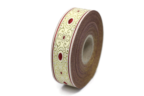 22 mm Red/white authentic Jacquard ribbon (0.86 inches), woven ribbon, authentic ribbon, Sewing, Scroll Jacquard trim, 22805