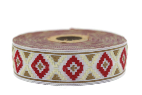 25 mm Red&White Geometric Diamond Jacquard trim (0.98 inches), Decorative Craft Ribbon, Sewing Trim Jacquard ribbon, woven ribbons, 25914