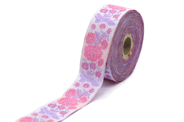 35 mm Pink Floral Embroidered ribbon (1.37 inches), Vintage Jacquard, Floral ribbon, Sewing trim, Jacquard trim, Jacquard ribbon, 35097